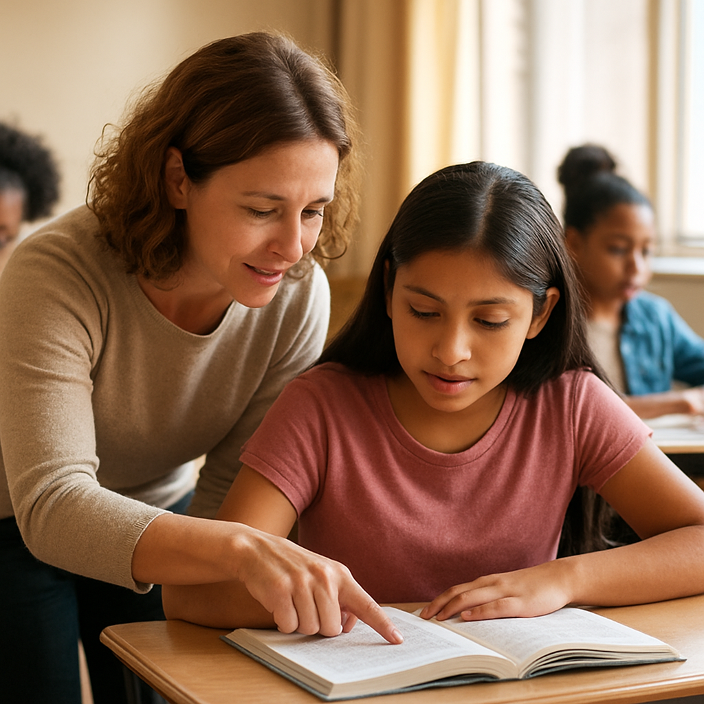 A teacher supporting a multilingual student one-on-one with reading materials