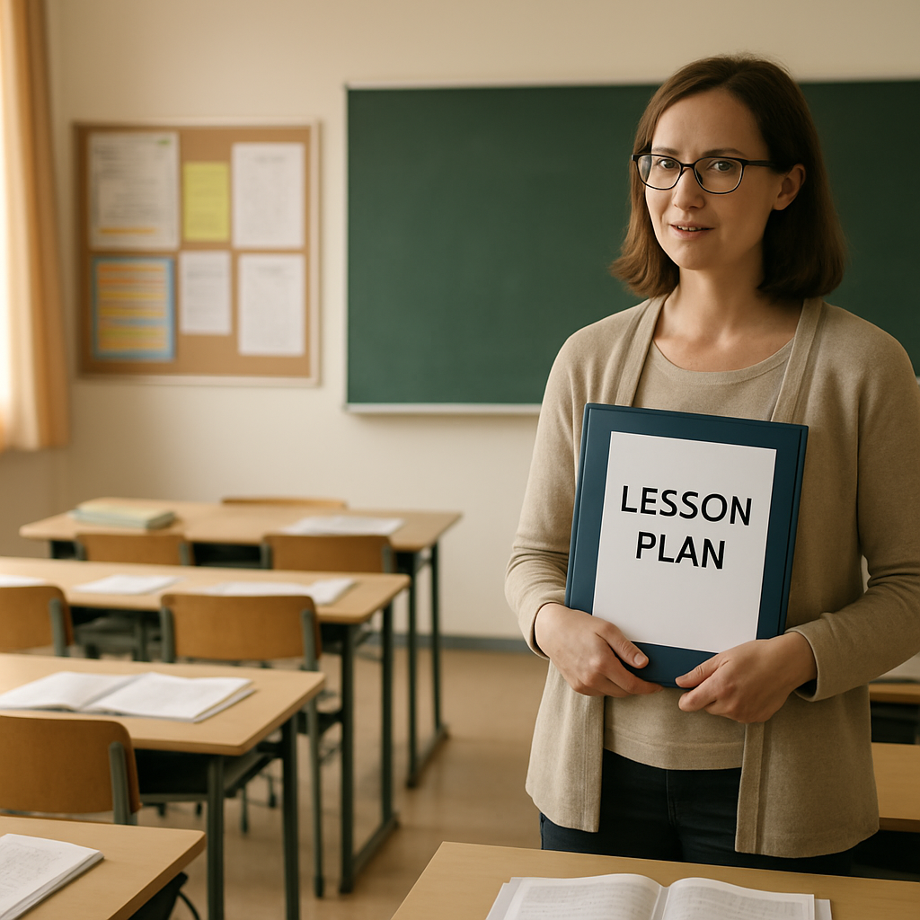 An organized classroom with a teacher holding a lesson plan binder